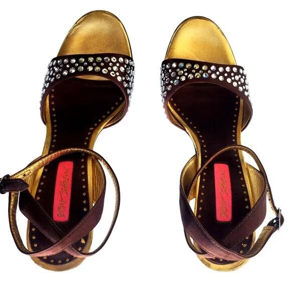 Betsey Johnson Cristie Platform Heels 7 Strappy Rhinestone Brown Gold Open Toe - Picture 6 of 13